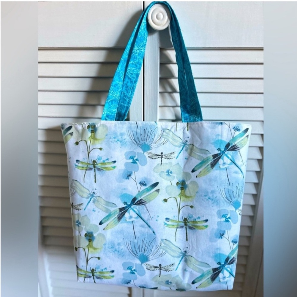 Handmade Dragonfly Print Tote Bag Colorful All Purpose Market Shoulder Purse - Picture 8 of 8